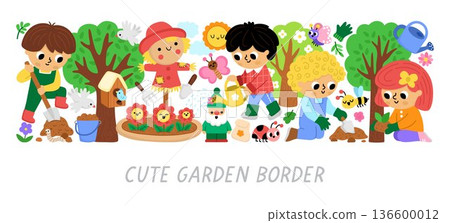 Vector garden horizontal border set with children doing gardening works. Card template design for banners, invitations. Cute spring illustration with kids raking, watering flowers, planting tree 136600012