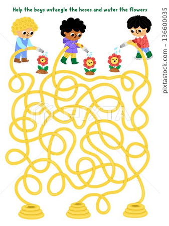Garden maze with boys with entangled hoses watering the flowers. Simple labyrinth game. Spring country house printable activity or worksheet with gardener children doing gardening works Garden maze with boys with entangled hoses watering the flowers. Simple labyrinth game. Spring country house printable activity or worksheet with gardener children doing gardening works 136600035