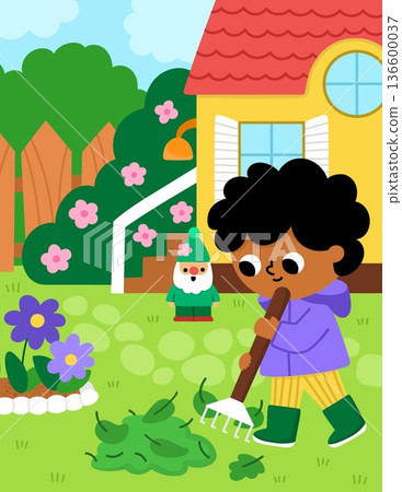 Spring garden vertical landscape. Rural nature scene with boy raking the fallen leaves. Vector country house, farm background illustration with kid doing gardening work, cleaning the yard Spring garden vertical landscape. Rural nature scene with boy raking the fallen leaves. Vector country house, farm background illustration with kid doing gardening work, cleaning the yard 136600037