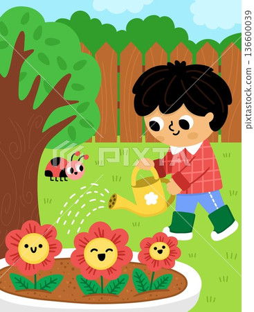 Spring garden vertical scene. Rural village landscape with boy watering the flowers on flowery meadow. Vector country house, farm background illustration with kid doing gardening work icon 136600039