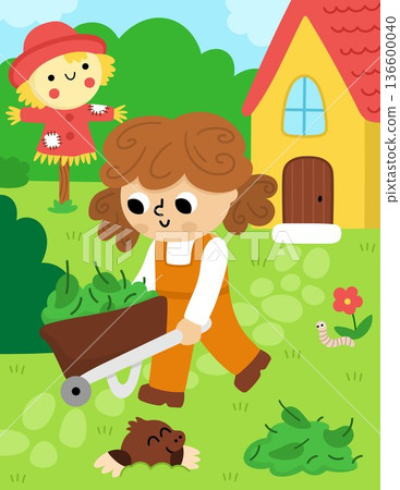 Spring garden vertical scene. Rural nature landscape with girl pushing wheelbarrow with leaves and foliage. Vector country house, farm background illustration with kid doing gardening work 136600040