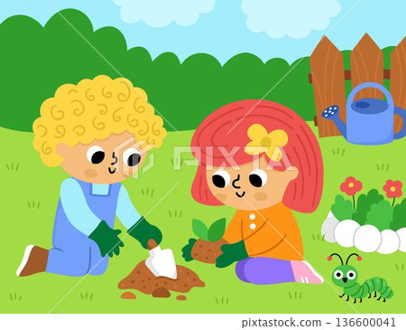 Spring garden horizontal scene with boy and girl planting a seed. Vector country house, farm landscape. Rural nature background illustration with kid doing gardening work, fence, watering can Spring garden horizontal scene with boy and girl planting a seed. Vector country house, farm landscape. Rural nature background illustration with kid doing gardening work, fence, watering can 136600041