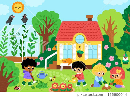 Vector garden landscape. Rural nature detailed scene with country house, greenhouse, children doing gardening works, planting tree. Cute spring horizontal background or book cover for kids Vector garden landscape. Rural nature detailed scene with country house, greenhouse, children doing gardening works, planting tree. Cute spring horizontal background or book cover for kids 136600044