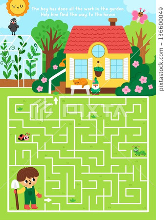 Garden maze with rural nature scene, tree, greenhouse. Detailed labyrinth game. Spring country house printable activity, worksheet with gardener boy with spade searching way to house 136600049
