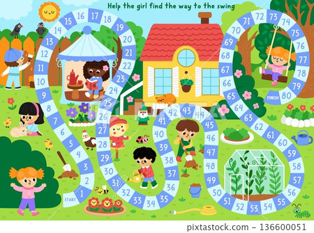 Garden board game for children with rural nature scene and girl looking the way to swing on tree. Spring printable activity, boardgame, worksheet with greenhouse, plants, country house 136600051