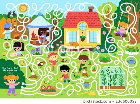 Garden maze for children with rural nature scene, boys and girls doing gardening works. Detailed labyrinth game. Spring country house printable activity with girl going to swing Garden maze for children with rural nature scene, boys and girls doing gardening works. Detailed labyrinth game. Spring country house printable activity with girl going to swing 136600052