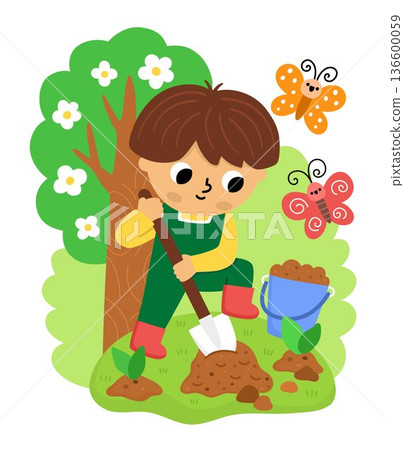 Spring garden illustration with boy digging the ground with spade. Vector country house, farm concept. Cute kid doing gardening work, planting tree icon. Child clipart isolated on white Spring garden illustration with boy digging the ground with spade. Vector country house, farm concept. Cute kid doing gardening work, planting tree icon. Child clipart isolated on white 136600059