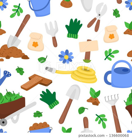 Vector garden seamless pattern. Cute farm repeat background with tools for gardening work, growing plants, seedlings, equipment. Nature digital paper. Spring or summer country texture 136600068