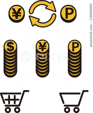 貨幣和商業圖標集。包括線上購物、積分兌換、無現金支付等插畫。 136600069