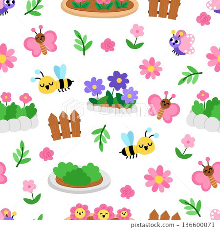 Vector spring garden seamless pattern. Cute farm repeat background with flower bed, insects, fence, plants. Nature digital paper. Spring or summer country texture with bees and butterflies 136600071