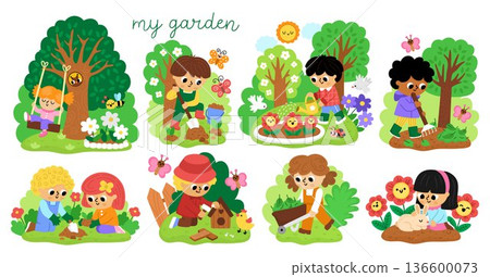 Spring garden illustration set with children doing gardening works. Vector country house, farm concepts collection. Kids planting tree, raking, digging, watering plants icons. Child clipart isolated 136600073