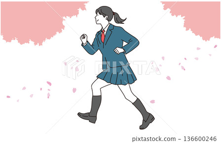 高中女生奔跑在櫻花樹下的插畫素材 136600246
