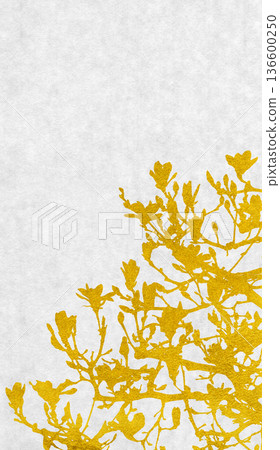 以金箔繪製的日式剪影藝術，描繪了盛開的玉蘭花。 136600250