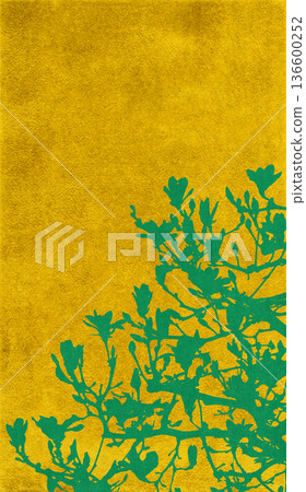 Japanese-style silhouette art of blooming magnolias painted in gold leaf 136600252