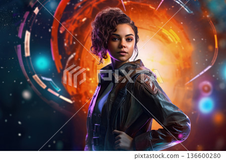 Girl Amid Holographic Circuits and Virtual Assistants, Concept of Connecting Physical and Digital Virtual Worlds Girl Amid Holographic Circuits and Virtual Assistants, Concept of Connecting Physical and Digital Virtual Worlds 136600280