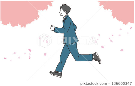 Illustration of a male student running with cherry blossoms in full bloom 136600347