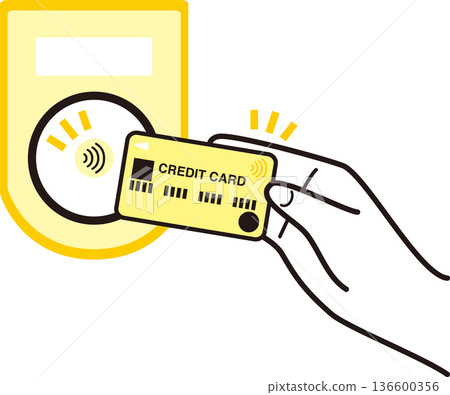 一隻手用信用卡進行非接觸式支付的插圖。非接觸式支付、無現金支付、智慧支付的圖片。 136600356