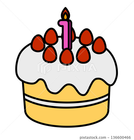Illustration of a cute decorated cake with the number 1 standing up 136600466