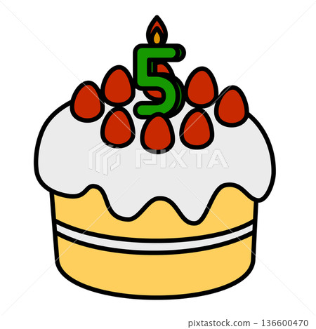 Illustration of a cute decorated cake with the number 5 standing up Illustration of a cute decorated cake with the number 5 standing up 136600470