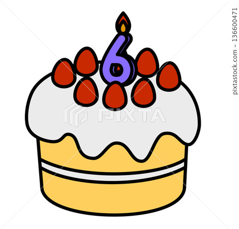 Illustration of a cute decorated cake with the number 6 standing up Illustration of a cute decorated cake with the number 6 standing up 136600471