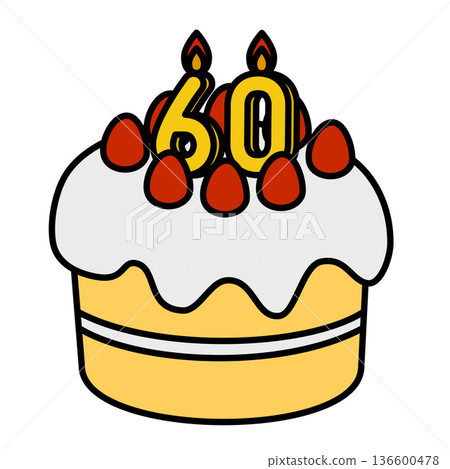 一幅裝飾精美的蛋糕插圖，上面豎立著數字60。 136600478