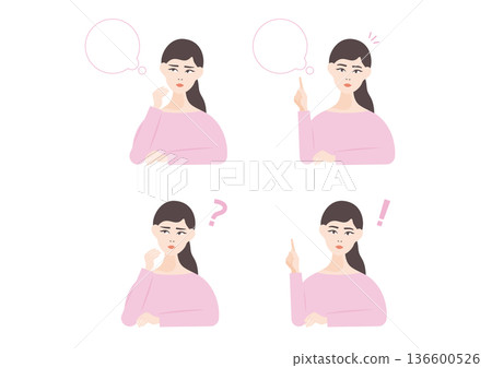 一組關於一位沉思的女性和一位鼓舞人心的女性的插畫。 136600526