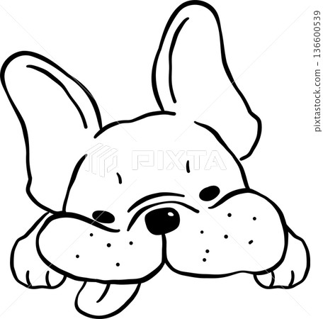 Sleepy Tired Face French Bulldog Tongue Out outline Hand Drawn 136600539