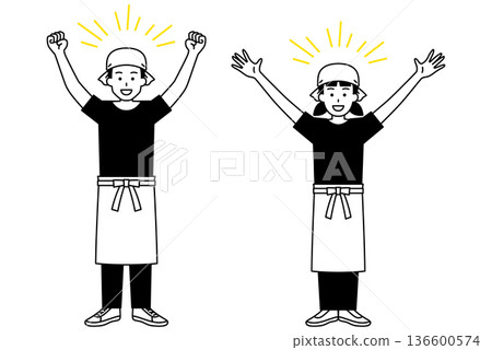 Male and female izakaya waiters celebrating with a cheer (full body) 136600574