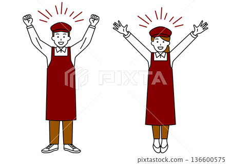 咖啡館男女員工齊聲歡呼（全身照） 136600575