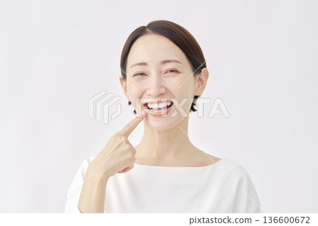女人指著自己的嘴，口腔護理圖片，白色背景 136600672