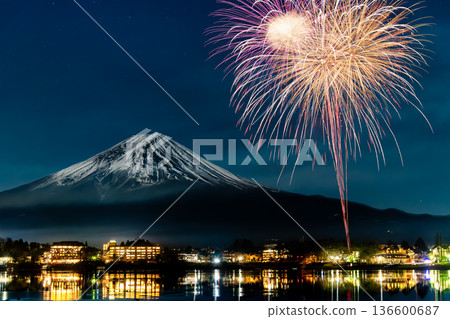 Mt. Fuji and fireworks ~Kawaguchiko winter fireworks~ Mt. Fuji and fireworks ~Kawaguchiko winter fireworks~ 136600687