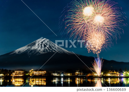 Mt. Fuji and fireworks ~Kawaguchiko winter fireworks~ 136600689