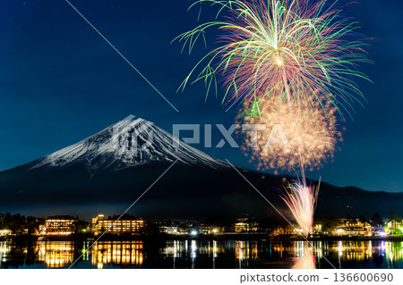 Mt. Fuji and fireworks ~Kawaguchiko winter fireworks~ 136600690