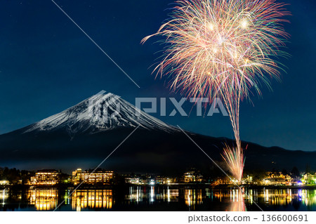 Mt. Fuji and fireworks ~Kawaguchiko winter fireworks~ 136600691