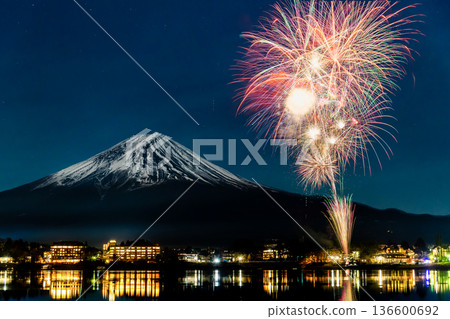 Mt. Fuji and fireworks ~Kawaguchiko winter fireworks~ Mt. Fuji and fireworks ~Kawaguchiko winter fireworks~ 136600692