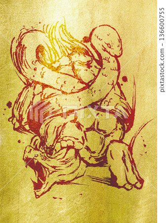 Black lily ink painting illustration on a gold background Black lily ink painting illustration on a gold background 136600755