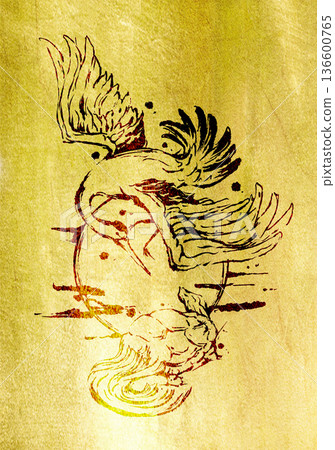 金底水墨畫,描繪了一隻鶴和一隻龜。 金底水墨畫,描繪了一隻鶴和一隻龜。 136600765