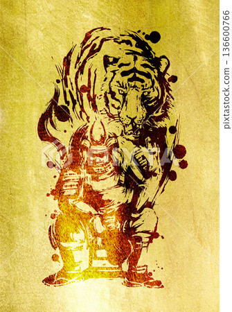 以金色為背景的水墨畫插圖，描繪了武田信玄和一隻老虎。 136600766