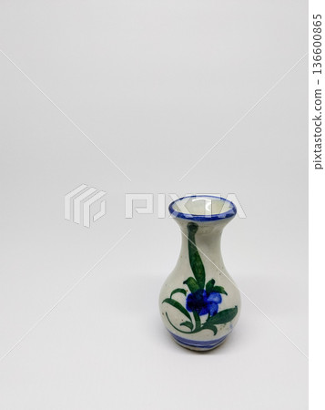 small antique ceramic flower vase with hand painted details in blue and green small antique ceramic flower vase with hand painted details in blue and green 136600865