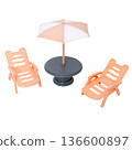 Miniature outdoor lounge set with orange chairs and umbrella 136600897