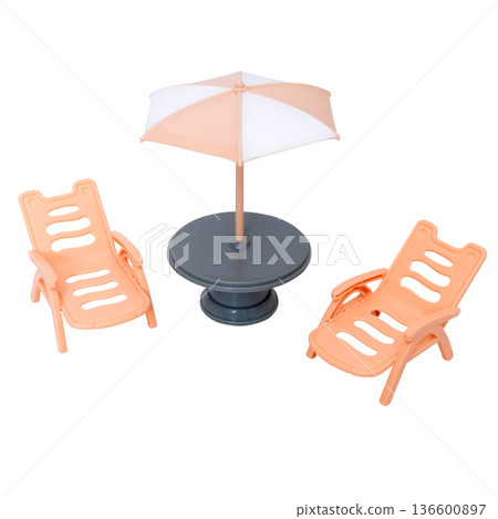 Miniature outdoor lounge set with orange chairs and umbrella Miniature outdoor lounge set with orange chairs and umbrella 136600897