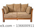 Cozy two-seater couch with wooden frame and tan cushions 136600911