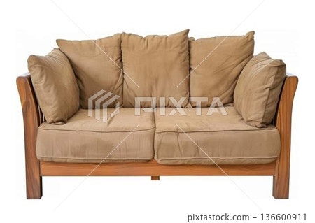 Cozy two-seater couch with wooden frame and tan cushions Cozy two-seater couch with wooden frame and tan cushions 136600911