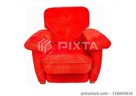 Red plush armchair with cushioned support on black background Red plush armchair with cushioned support on black background 136600916