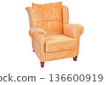 Cozy orange armchair with plush velvet upholstery on wooden legs 136600919