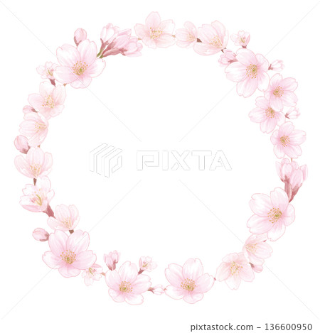 圓形邊框，內含手繪彩繪櫻花插圖 136600950