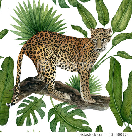 Leopard and tropical leaves seamless pattern. Hand-drawn watercolor illustrations isolated on a transparent background. Seamless pattern for textiles, wallpaper, prints, and banners  136600974