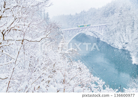 Snow scene on the Tadami Line's First Tadami River Bridge Snow scene on the Tadami Line's First Tadami River Bridge 136600977