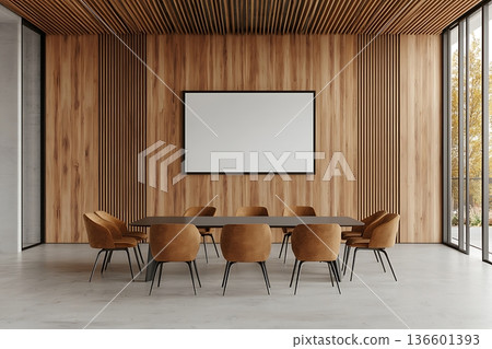 Modern conference room design with wooden accents and empty screen space for presentations 136601393