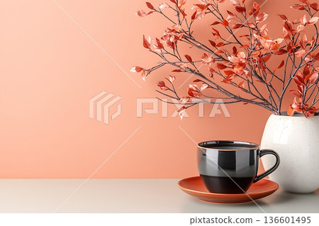 Cozy Autumn Scene with Coffee Cup and Decorative Branches in Orange Background 136601495